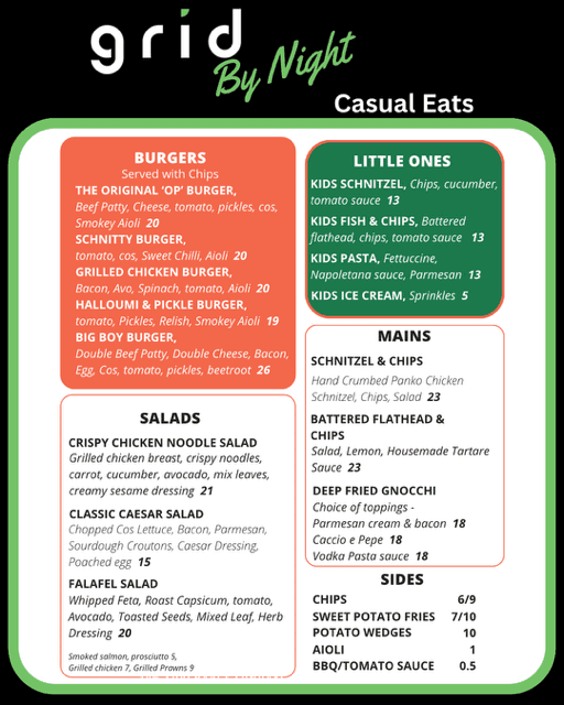 Grid By Night Friday night dinner menu