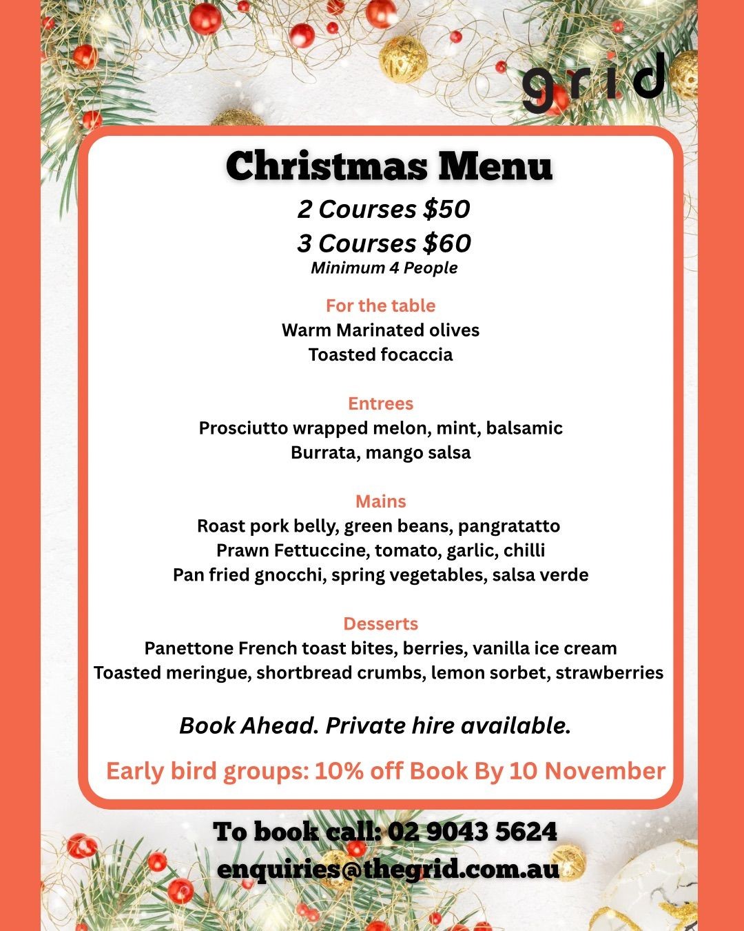 Christmas dishes served at The Grid Café – South West Sydney catering