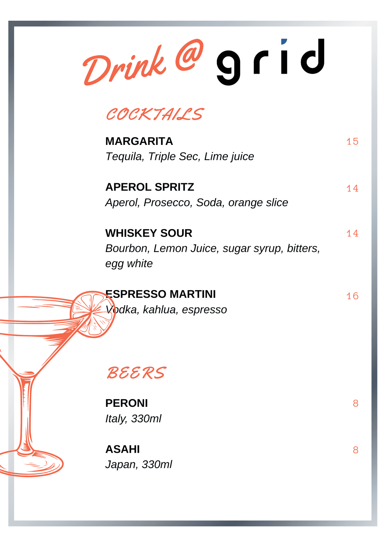Cocktail Menu at The Grid Cafe Oran Park