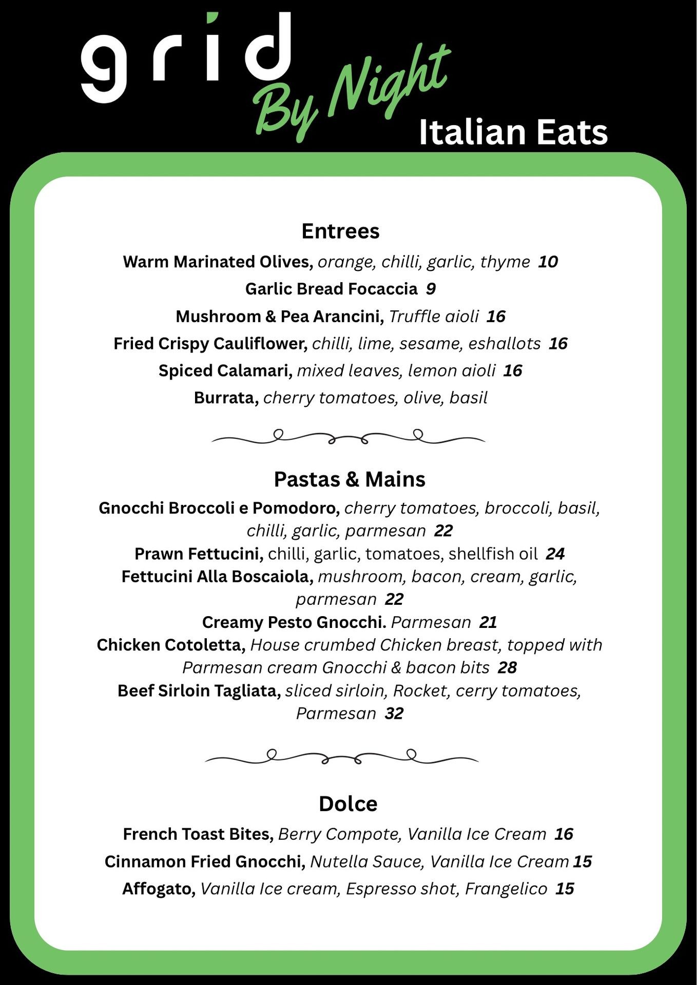 Italian Dinner at The Grid Cafe & Restaurant in Oran Park